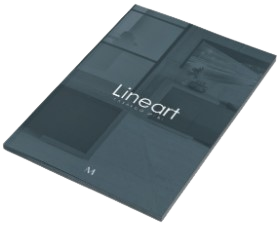 Ikona katalogu marki Lineart - broszura z napisem i zarysem mebli gabinetowych.